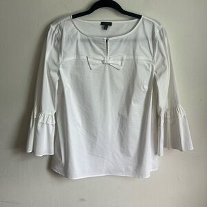 Talbots Bell Sleeve Blouse White Cotton Poplin Top Bow Pearl 3/4 Sleeve